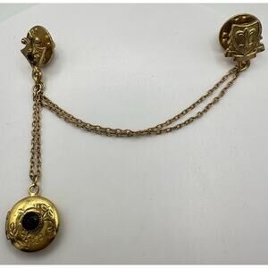 Vintage gold tone Heraldic double brooch locket chains sweater guard pins